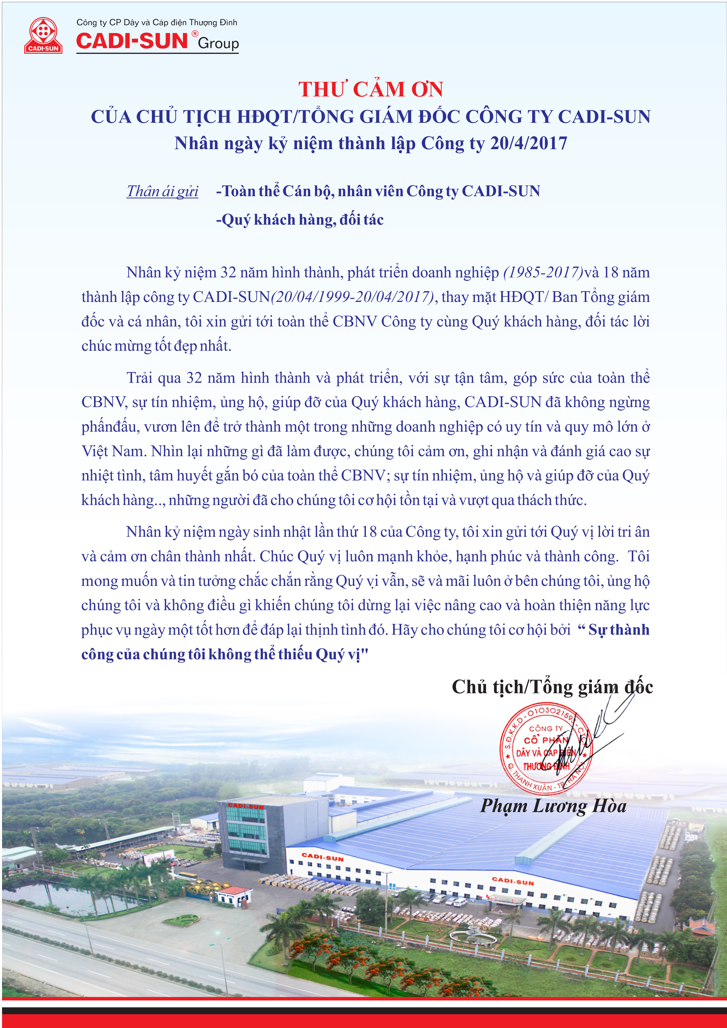 Thư cảm ơn của CTHĐQT/Tổng Gi&aacute;m Đốc c&ocirc;ng ty nh&acirc;n dịp kỷ niệm ng&agrave;y th&agrave;nh lập c&ocirc;ng ty